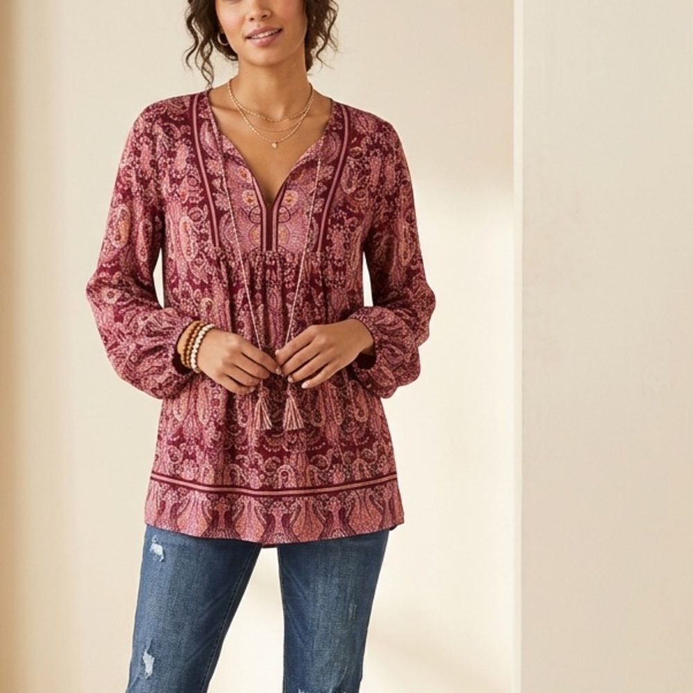 Max Studio Women's Paisley Blouse Burgundy and Pink Boho Top Shirt Small